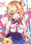  1girl akai_haato aqua_eyes bangs belt blonde_hair blue_eyes blue_skirt breasts collared_shirt fingernails haaton_(akai_haato) hair_between_eyes hair_ornament hair_ribbon heart heart_hair_ornament heart_hands high-waist_skirt highres hololive kuwaefuru long_hair looking_at_viewer medium_breasts miniskirt nail_polish neck_ribbon one_side_up open_mouth red_belt red_nails red_ribbon ribbon shirt short_sleeves skirt smile solo underbust very_long_hair virtual_youtuber white_shirt 