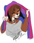  5_fingers anthro bisexual_pride_colors breasts brown_hair caracal caracal_(genus) clothed clothing dafka felid feline female fingers hair lgbt_pride mammal pride_colors smile solo 