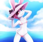  anthro beach bikini clothing darkmirage female flat_chested hat headgear headwear hi_res lagomorph leporid looking_at_viewer mammal rabbit seaside solo swimwear 