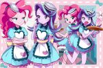  2girls apron bow colored_skin dress_bow hat highres legs milkshake multicolored_hair multiple_girls my_little_pony my_little_pony_equestria_girls pink_hair pinkie_pie purple_hair roller_shoes ryuu shoes skirt starlight_glimmer streaked_hair waitress 