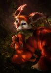  3d_(artwork) 4_fingers anthro big_ears butt cape clothing cowl digital_media_(artwork) dota eyeliner feet female fingers forest forest_background grass hi_res hood hoodwink_(dota) hybrid looking_at_viewer makeup mammal nature nature_background nude paws plant rodent sciurid sitting sladdoska solo tail_tuft thick_thighs toes tree tree_squirrel tuft video_games 