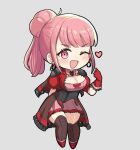  1girl ;d armor bangs blunt_bangs blush boots breasts chibi cleavage cross-laced_footwear desspie earrings eyebrows_visible_through_hair fire_emblem fire_emblem:_three_houses fire_emblem_warriors:_three_hopes gloves grey_background hand_up heart highres hilda_valentine_goneril jewelry lace-up_boots large_breasts long_hair looking_at_viewer one_eye_closed open_mouth pink_eyes pink_hair pink_skirt pleated_skirt ponytail puffy_short_sleeves puffy_sleeves red_gloves short_sleeves shoulder_armor simple_background skirt smile solo thigh_boots 