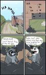 2022 biped black_nose comic detailed_background dialogue didelphid duo english_text feral grey_body happyraccoons hi_res mammal marsupial outside pink_nose procyonid raccoon television text trash trash_can 
