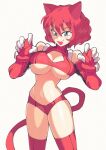  1girl animal_ears aqua_eyes breasts cat_ears cat_tail character_request claw_pose cleavage cleavage_cutout clothing_cutout commentary copyright_request english_commentary fang gloves inkerton-kun large_breasts navel open_mouth panties red_hair red_legwear red_panties short_hair simple_background skindentation slit_pupils smile solo tail thighhighs underboob underwear uneven_eyes white_background 