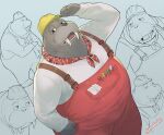  2022 anthro armor belly big_belly clothing hard_hat headgear helmet humanoid_hands illumination_entertainment kemono madwakx male mammal marine mason_(sing) multiple_poses overalls overweight overweight_male pinniped pose shirt sing_(movie) solo topwear walrus 