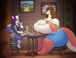  2019 anthro big_breasts big_butt biped blue_body blue_fur book bread breasts brown_hair butt canid canine canis cleavage clothed clothing cutlery dragon duo eating female fish_meat food fork fully_clothed fur furniture hair hi_res holding_food holding_fork holding_object huge_breasts ikugo_(character) inside kitchen_utensils larger_female male mammal meat miss_l non-mammal_breasts obese obese_anthro obese_female overweight overweight_anthro overweight_female pink_body pink_hair pink_scales plant plate potato purple_hair scales scalie sitting size_difference smaller_male stool table thick_thighs tools vdisco vegetable white_body white_fur wolf 