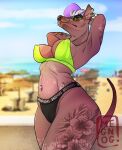  2022 absurd_res anthro beach bikini canid canine canis clothed clothing domestic_dog ear_piercing ear_ring eyewear female flower_tattoo hair hairless hairless_dog hands_behind_head hat headgear headwear hi_res low-angle_view mammal megnog navel navel_piercing peru_(megnog) peruvian_inca_orchid piercing primitive_dog raised_arms seaside solo sunglasses swimwear tanned tattoo vitiligo whiskers white_hair 