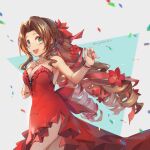  1girl aerith_gainsborough armlet back_bow bangs bow bracelet breasts brown_hair cleavage confetti dress earrings final_fantasy final_fantasy_vii final_fantasy_vii_remake flamenco_dress flower green_eyes hair_flower hair_ornament hair_ribbon hand_on_own_chest hand_up jewelry long_hair nail_polish necklace official_alternate_costume open_mouth parted_bangs plunging_neckline ponytail red_dress ribbon ringlets shuang_xiyu sidelocks smile solo strapless strapless_dress upper_body 