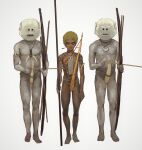  3boys absurdres afro arrow_(projectile) blonde_hair blue_eyes bow_(weapon) dark-skinned_male dark_skin highres holding holding_arrow holding_bow_(weapon) holding_weapon looking_at_viewer mask mossacannibalis multiple_boys navel nude original penis_sheath shell_necklace simple_background standing tattoo tribal weapon white_background 