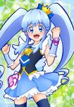  1girl black_legwear blue_background blue_eyes blue_hair blue_skirt brooch cowboy_shot crown cure_princess earrings eyebrows_visible_through_hair hair_between_eyes happinesscharge_precure! jewelry looking_at_viewer magical_girl mini_crown open_mouth plant precure shihou_rebu shirayuki_hime short_sleeves skirt smile solo thighhighs twintails vest watch wing_brooch wing_earrings wrist_cuffs wristwatch 