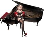  1girl artist_request azur_lane bangs black_footwear blonde_hair bracelet breasts brown_eyes cleavage cup dress drinking_glass feather_boa grand_piano hair_between_eyes hair_ornament halter_dress halterneck high_heels highres holding holding_cup instrument jewelry large_breasts medium_hair multicolored_hair multiple_rings official_alternate_costume official_art parted_lips piano red_hair ring roon_(azur_lane) roon_(viridescent_lullaby)_(azur_lane) short_dress sitting solo streaked_hair thighhighs tight tight_dress transparent_background two-tone_hair wine_glass 