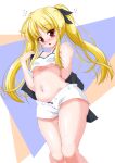  1girl bare_shoulders blonde_hair breasts crop_top crop_top_overhang fate_testarossa highres long_hair looking_at_viewer lyrical_nanoha mahou_shoujo_lyrical_nanoha midriff misril navel open_fly red_eyes shiny shiny_hair shiny_skin short_shorts shorts sleeveless small_breasts solo standing thighs twintails underboob white_shorts 