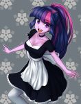  1girl absurdres alternate_hairstyle bow colored_skin dress dress_bow happy highres maid md5_mismatch multicolored_hair my_little_pony my_little_pony_equestria_girls open_mouth ponytail purple_eyes purple_hair purple_skin riley_av smile streaked_hair thighhighs twilight_sparkle upper_body 