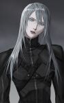  1boy 9yoqkp0sjtyzxoc absurdres aqua_eyes armor black_jacket chest_strap final_fantasy final_fantasy_vii final_fantasy_vii_advent_children grey_background grey_hair hair_between_eyes high_collar highres jacket long_hair parted_lips shoulder_armor solo straight_hair upper_body yazoo zipper 