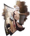  arm_strap artist_request azur_lane bare_shoulders black_dress black_gloves blue_eyes breasts choker cleavage dress earrings flute from_behind fur_collar gloves hair_ornament high_heels highres holding holding_instrument instrument jewelry large_breasts looking_at_viewer official_alternate_costume official_art short_hair side_slit standing tirpitz_(a_vase_for_the_frost_flower)_(azur_lane) tirpitz_(azur_lane) transparent_background white_hair 