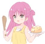  1girl :d bangs bare_arms bare_shoulders blush_stickers collarbone commentary_request cropped_torso dress eyebrows_visible_through_hair food fried_rice grey_eyes hair_between_eyes holding holding_plate katou_umi long_hair looking_away meito_(maze) one_side_up pink_hair plate simple_background sleeveless sleeveless_dress smile solo summer_pockets upper_body white_background wooden_spoon yellow_dress 