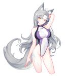  1girl 9o9bbb animal_ear_fluff animal_ears arm_up ass_visible_through_thighs bangs breasts closed_mouth commission competition_swimsuit contrapposto covered_navel cropped_legs eun_soyeon_(lustyfox) eyebrows_visible_through_hair grey_hair head_tilt highleg highleg_swimsuit large_breasts looking_at_viewer one-piece_swimsuit original parted_bangs pixel_art second-party_source simple_background smile solo swimsuit tail wet white_background 
