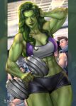 abs biceps bike_shorts blurry blurry_background blush breasts cleavage colored_skin dumbbell green_eyes green_hair green_skin hand_in_own_hair hibren highres looking_back marvel parted_lips she-hulk short_shorts shorts solo_focus sports_bra sweat thighs veins veiny_arms weightlifting 