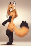  2022 anthro black_nose breasts brown_eyes butt canid canine claws countershade_face countershade_torso countershading digital_media_(artwork) dipstick_ears dipstick_limbs dipstick_tail female fluffy fluffy_tail fox fur hair long_hair mammal markings multicolored_ears nipples nude orange_body orange_fur pink_nipples red_fox signature smile solo standing tail_markings tasanko 