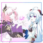  2girls :d ahoge bangs bare_shoulders blue_eyes blue_hair closed_mouth company_connection crossover crystal elf elysia_(honkai_impact) ganyu_(genshin_impact) genshin_impact highres honkai_(series) honkai_impact_3rd horns k-fami_271617 long_hair mihoyo_technology_(shanghai)_co._ltd. multiple_girls one_eye_closed open_mouth pink_hair pointy_ears purple_eyes sketch smile white_background white_sleeves 