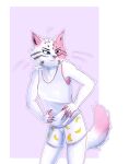  anthro bottomwear clothing domestic_cat felid feline felis female hi_res hybrid kitsune2000 mammal pallas&#039;s_cat shorts solo underwear young 