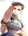  1girl artist_name blue_dress bracelet breasts brown_eyes brown_hair china_dress chinese_clothes chun-li commentary_request double_bun dress earrings face fingernails focused foreshortening jewelry lips looking_at_viewer medium_breasts nail_polish puffy_short_sleeves puffy_sleeves short_sleeves simple_background solo street_fighter street_fighter_6 taut_clothes twitter_username upper_body white_background yotasuta 