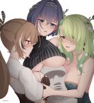  3girls 4zazil ahoge antlers bangs blue_eyes blue_hair blush braid braided_bangs breasts brown_eyes brown_hair ceres_fauna cleavage collarbone fang feather_hair_ornament feathers flower green_hair hair_ornament highres hololive large_breasts long_hair medium_breasts mole mole_under_eye multiple_girls nanashi_mumei ouro_kronii short_hair skin_fang underboob virtual_youtuber yellow_eyes 