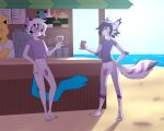  2022 anthro bar barefoot beach beverage bottomless canid canine casual_nudity clothed clothing duo eyewear feet felid feline fox genitals glasses hi_res leg_markings male male/male mammal markings metal_(artist) metal_(character) nude_beach penis sea seaside socks_(marking) water 