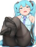  1girl abmayo ass bangs bare_shoulders black_legwear breasts commentary_request detached_sleeves feet foot_focus foreshortening green_eyes hair_ornament hatsune_miku highres legs long_hair looking_at_viewer necktie no_shoes open_mouth panties panties_under_pantyhose pantyhose skirt soles solo twintails underwear very_long_hair vocaloid 