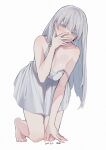  1girl all_fours bare_arms bare_shoulders barefoot blue_eyes breasts cleavage closed_mouth covering_mouth dress ear_piercing earrings grey_hair highres jewelry large_breasts long_hair looking_at_viewer mimelond no_bra original piercing simple_background sleeveless sleeveless_dress solo spaghetti_strap strap_slip thighs uneven_eyes very_long_hair white_background white_dress 