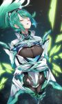  1girl armor bangs breasts chest_jewel cleavage earrings gem gloves green_hair hair_ornament headpiece high_ponytail highres jewelry large_breasts long_hair pneuma_(xenoblade) ponytail simple_background solo swept_bangs tiara very_long_hair xenoblade_chronicles_(series) xenoblade_chronicles_2 yuuki_shin 