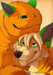  alsander anthro black_lips black_nose black_pupils blaker blonde_hair ciaran_(tailmaw) duo felngo felnid fur green_ears green_eyes grey_ears hair hi_res lips looking_at_another looking_at_partner male orange_body orange_fur orange_tail pupils smile smiling_at_each_other tail_mouth tan_body tan_fur unusual_anatomy unusual_tail 