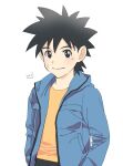  1boy black_hair casual closed_mouth cross_scar dai_(dragon_quest) dragon_quest dragon_quest_dai_no_daibouken hands_in_pockets highres jacket looking_at_viewer nori_(norimakigumo) scar simple_background smile solo spiked_hair white_background 