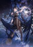  1girl arm_up artist_name atdan bangs bare_shoulders bird black_hair blue_dress blue_eyes blue_hair bodysuit bodysuit_under_clothes breasts breasts_apart commentary crow dress english_commentary eyebrows_visible_through_hair feathered_wings feet full_body highres in_tree large_breasts long_hair looking_at_viewer multicolored_hair no_shoes original parted_lips revision sitting sitting_in_tree soles solo streaked_hair toes tree very_long_hair wings 