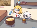  2girls :3 absurdres blonde_hair blue_eyes blue_hair bottle bowl chibi commentary counter drinking drinking_straw eiul english_commentary english_text gawr_gura hair_ornament highres holding holding_bottle hololive hololive_english indoors medium_hair monocle_hair_ornament mortar multicolored_hair multiple_girls necktie pestle red_necktie shark_hair_ornament shelf shirt short_hair smile streaked_hair twitter_username virtual_youtuber watson_amelia white_hair white_shirt 