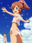  1boy 1girl ass awa blue_eyes blush_stickers brown_hair character_request closed_mouth cloud katrielle_layton layton&#039;s_mystery_journey long_hair looking_at_viewer navel open_mouth professor_layton smile swimsuit 