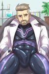  1boy bara beard black_bodysuit blush bodysuit bulge closed_mouth covered_abs erection erection_under_clothes facial_hair highres labcoat large_pectorals looking_at_viewer male_focus multicolored_bodysuit multicolored_clothes muscular muscular_male open_clothes open_labcoat pectorals pink_bodysuit pokemon pokemon_(game) pokemon_sv purple_bodysuit short_hair sitting solo thick_thighs thighs turo_(pokemon) undercut weedwolfeatmeat 