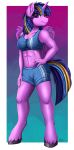 2022 absurd_res alternate_universe anthro athletic athletic_female bottomwear bra breasts clothing cloven_hooves equid equine female friendship_is_magic gradient_hair hair hasbro hi_res hooves horn mammal my_little_pony navel pridark purple_body shorts smile solo sports_bra twilight_sparkle_(mlp) underwear winged_unicorn wings 