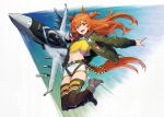  1girl aircraft airplane animal_ears blush bomber_jacket boots commentary_request f/a-18e_super_hornet fighter_jet hair_between_eyes highres horse_ears horse_girl horse_tail jacket jet looking_at_viewer mayano_top_gun_(umamusume) midriff military military_vehicle navel orange_eyes orange_hair shorts tail tenkey2022 thighhighs umamusume 
