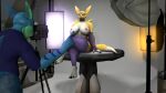  3d_(artwork) anthro bandai_namco big_breasts breasts canid canine canis digimon digimon_(species) digital_media_(artwork) duo female fish fox hi_res looking_at_another male male/female mammal marine photo_shoot photolol.03 shark simple_background taomon taomona_(photolol.03) thick_thighs 