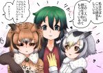  3girls backpack bag black_eyes black_hair blush breast_grab breasts coat commentary_request eurasian_eagle_owl_(kemono_friends) fur_collar girl_sandwich grabbing grabbing_from_behind grey_coat groping hair_between_eyes head_wings highres kaban_(kemono_friends) kemono_friends molestation multiple_girls northern_white-faced_owl_(kemono_friends) orange_eyes owl_ears pimp red_shirt sandwiched shinkaisoku shirt short_hair sweat translated wavy_hair yuri 