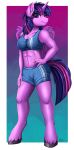  2022 absurd_res anthro athletic athletic_female bottomwear bra breasts clothing cloven_hooves equid equine female friendship_is_magic gradient_hair hair hasbro hi_res hooves horn mammal my_little_pony navel pridark purple_body shorts smile solo sports_bra twilight_sparkle_(mlp) underwear winged_unicorn wings 