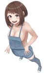  1girl armpits blush boku_no_hero_academia breasts brown_eyes brown_hair cleavage collarbone eyebrows_visible_through_hair from_above highres kobaji large_breasts legs looking_at_viewer midriff midriff_peek naked_overalls no_bra nude open_mouth overalls shoes short_hair smile sneakers socks solo teeth thighhighs tongue uraraka_ochako 