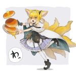  1girl animal_ear_fluff animal_ears arknights bangs black_gloves blonde_hair blue_dress blue_hairband butter dress earpiece food fox_ears fox_girl fox_tail gloves green_eyes hair_rings hairband highres infection_monitor_(arknights) kesuk0 multiple_tails open_mouth oripathy_lesion_(arknights) pancake pantyhose plate shaded_face short_hair single_glove single_wrist_cuff solo suzuran_(arknights) syrup tail tripping white_legwear white_wrist_cuffs wrist_cuffs 