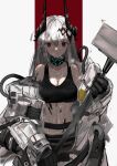  1girl arknights breasts cleavage closed_mouth coat cowboy_shot earrings hammer highres holding holding_hammer horns jewelry long_hair looking_at_viewer midriff mudrock_(arknights) narue navel off_shoulder open_clothes open_coat pointy_ears red_eyes solo standing tank_top white_coat white_hair 