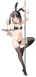  1girl animal_ears arm_up armpits bare_arms bare_shoulders bikini black_bikini black_hair black_legwear breasts brown_eyes champagne_flute cleavage closed_mouth cup detached_collar drinking_glass fake_animal_ears feet front-tie_bikini front-tie_top full_body garter_straps halterneck highres holding kantoku leg_up long_hair looking_at_viewer medium_breasts navel no_shoes original pole pole_dancing rabbit_ears sidelocks smile solo stomach string_bikini swimsuit thighhighs thighs tray twintails wrist_cuffs 