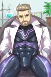  1boy bara beard black_bodysuit bodysuit bulge closed_mouth covered_abs facial_hair highres labcoat large_pectorals looking_at_viewer male_focus multicolored_bodysuit multicolored_clothes muscular muscular_male open_clothes open_labcoat pectorals pink_bodysuit pokemon pokemon_(game) pokemon_sv purple_bodysuit short_hair sitting solo thick_thighs thighs turo_(pokemon) undercut weedwolfeatmeat 