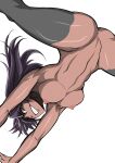  abs absurdres black_legwear bleach breasts commentary dark_skin highres long_hair looking_at_viewer muscular muscular_female naughty_face purple_hair pussy shihouin_yoruichi soyuz001 spread_legs teeth thighhighs toned 