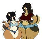  anthro big_breasts bottomwear breasts brooks_(vdisco) brown_body brown_fur canid canine canis cleavage clothed clothing coyote curvy_figure domestic_dog drugs duo female fur german_shepherd hair hair_over_eyes hand_on_hip herding_dog herm_(lore) holding_object mammal marijuana midriff pastoral_dog robin_(dr-icesidio) shorts simple_background thick_thighs under_boob vdisco voluptuous white_background wide_hips 