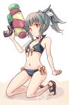  1girl bikini black_bikini breasts brown_eyes full_body grey_hair hair_ribbon highres holding kantai_collection kneeling looking_at_viewer maiku ponytail ribbon sandals simple_background small_breasts solo swimsuit water_gun white_background yuubari_(kancolle) yuubari_kai_ni_(kancolle) 